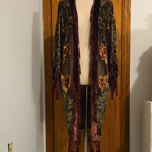 Tail Sheer Black and Burgundy Kimono with Floral Design